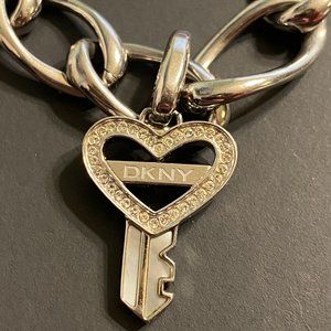DKNY Women's Heart Key Rhinestones Silver Tone Chain Link Charm Bracelet